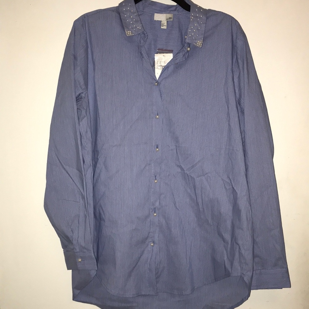 Blue & white Striped Pearl Button up